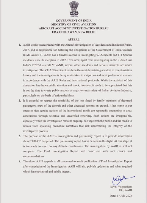 ‘Too Early To Draw Conclusions,’ Says AAIB On Air India Plane Crash; Calls Out Foreign Media For Biased Reporting