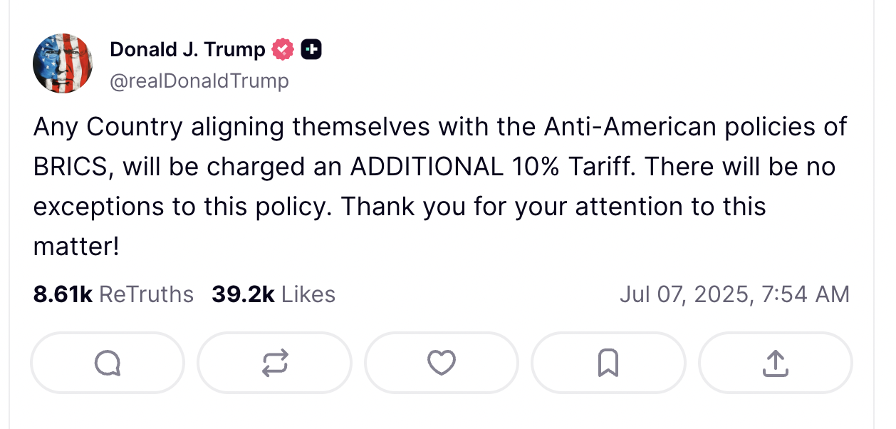 donald-trump-closely-monitoring-brics-summit-warns-of-10-tariff-says-white-house Truth Social